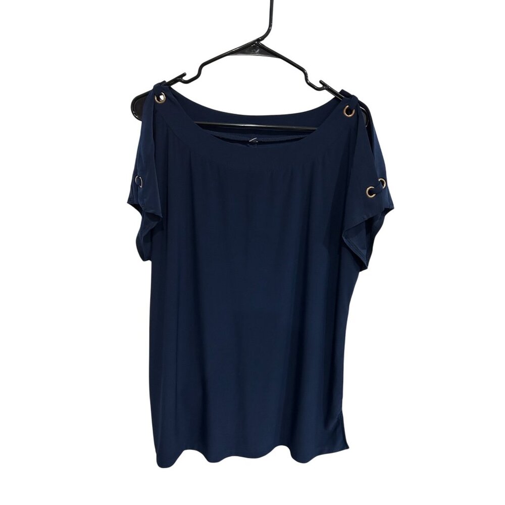 Womens Navy Blue Gold Grommet Details Short-Sleeve Stylish Top Modern Chic